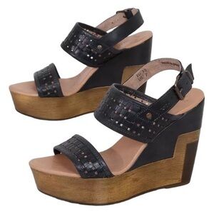 MUSSE & CLOUD Poslow Leather Wedge Sandals Cut Outs Brown/Black Size 8